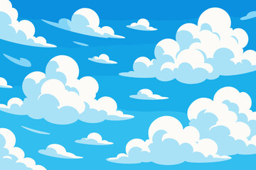 Fluffy white clouds drifting in bright blue summer sky. Cartoon vector clouds pattern. Clear weather, peaceful scenic background. Serene atmospheric illustration for nature, children, sky, outdoors.
