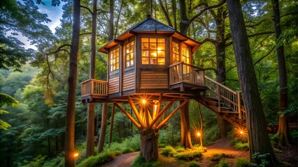 A charming wooden treehouse glows warmly in a lush forest at night