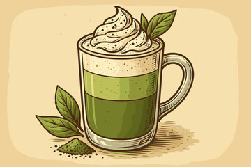 Vintage style matcha green tea latte vector illustration. Glass mug with whipped cream, green tea leaves, matcha powder. Retro pastel background, cartoon cafe drink, cozy beverage art