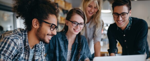 Obraz premium The engaged group collaborating over a laptop in a modern workspace.