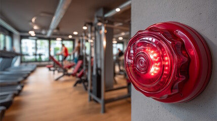 Red alarm light signaling safety in a modern gym interior with fitness equipment and natural light streaming through large windows, club management concept of fitness centers, gyms
