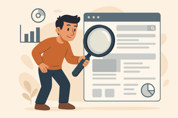Cartoon man with magnifying glass searching data online. Web page analysis, internet research, information discovery, SEO audit, website analytics, digital investigation, infographic