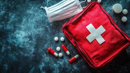 First aid kit with assorted medications and a face mask.