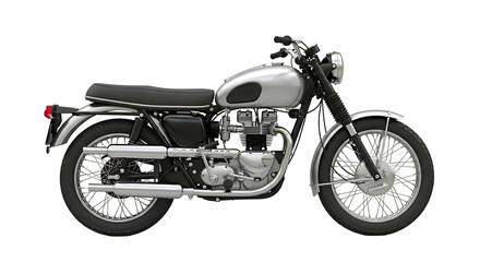 Classic silver motorcycle, side profile, isolated on white background.