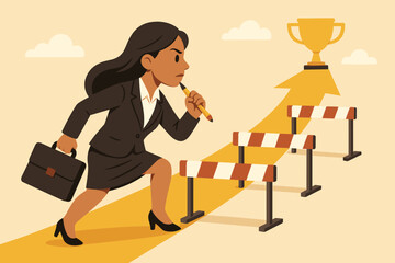 Ambitious businesswoman overcoming hurdles on path to success, jumping obstacles, achieving career goals, leadership, determination, ambition, winning trophy, business challenge concept vector
