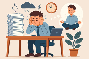 Overwhelmed Office Worker Stress Management Concept. Businessman With Pile of Paperwork, Anxiety, Deadlines, Dreaming of Relaxation, Mental Health Balance. Vector Workplace Burnout Illustration