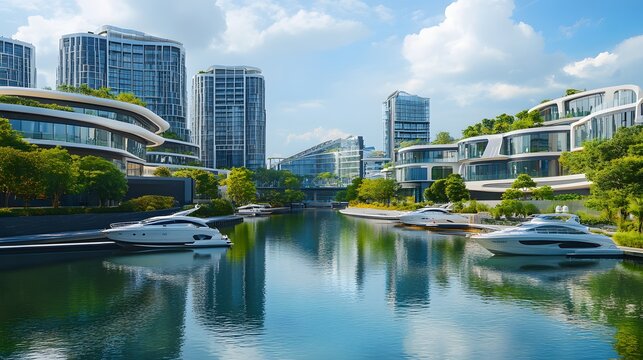 Wide view of Cyberport with boats and modern architecture - Powered by Adobe