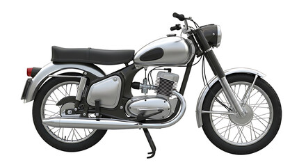 Vintage silver motorcycle, side view, isolated on white background.