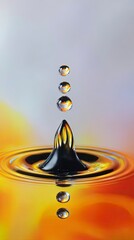 Golden Liquid Drop Impacting Surface Creating Ripples and Reflections