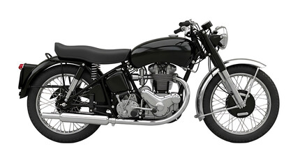 Side view of a classic black motorcycle, showcasing its vintage design and details.