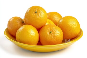 Yellow bowl filled with six bright oranges against a white backdrop