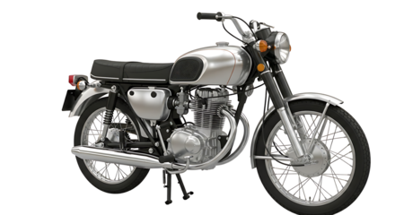 A classic, silver motorcycle is displayed against a white background, showcasing its design.