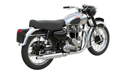 A shiny, classic motorcycle with chrome details, isolated on white.