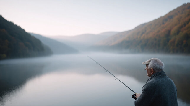 An elderly man fishing peacefully on a misty lake surrounded by forested hills. Represents tranquility, retirement, nature, and solitary reflection. Ideal for health, travel, and lifestyle content.