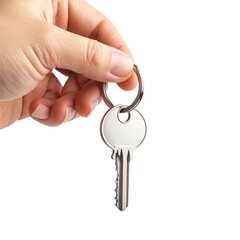 Close-Up of Male Hand Holding a Shiny Silver Key by the Ring, Realistic Lighting &ndash; Isolated on Transparent Background