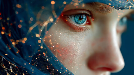 Side profile of a person face, partially covered by a dark blue mesh fabric and illuminated by glowing orange and white digital nodes, creating a futuristic and mysterious atmosphere