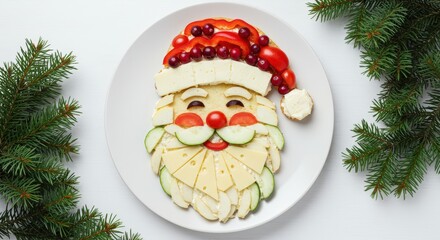 Top down view, layout Santa's portrait made of food, on white ceramic plate, christmas tree branches around. Seasonal decoration and festive table setting, winter table arrangement
