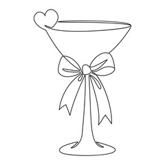 Romance Glass Cocktail with Ribbon Bow and Heart in One Continuous Line Drawing. Coquette Aesthetic Drink. Linear Girly Vibe. Vector Illustration. Hand Drawn Monoline. Valentines Day. Not AI
