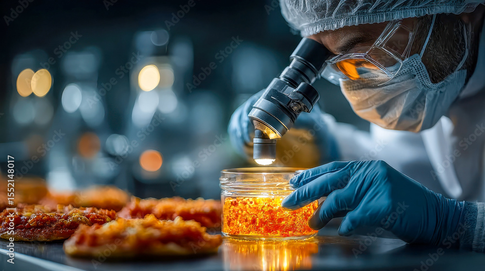 Poster a scientist using a microscope to examine food samples in a lab environment, emphasizing meticulous 