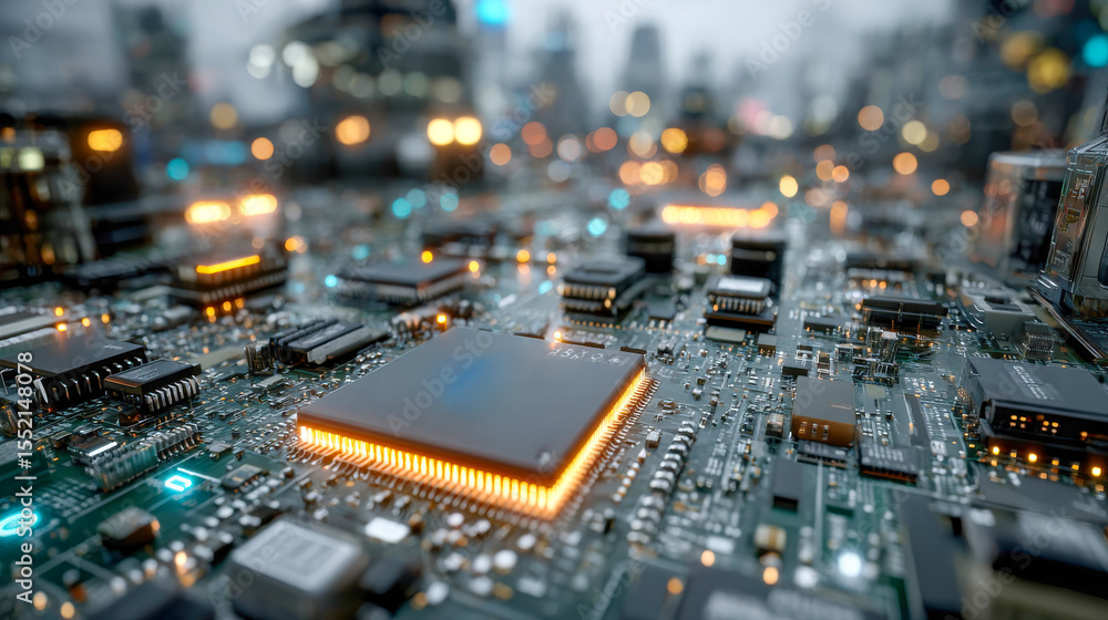 Poster detailed view of a modern circuit board with illuminated components and intricate pathways, emphasiz