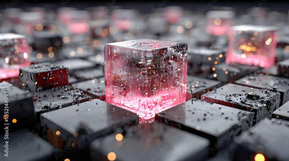 Poster abstract glowing pink and transparent digital cubes arranged in a grid, creating a futuristic and vi