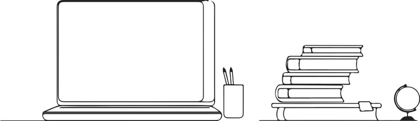 Back to school illustration: laptop, books, pencils, globe, vector design