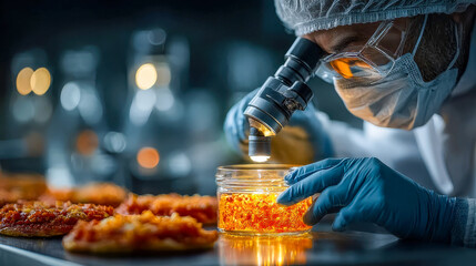 A scientist using a microscope to examine food samples in a lab environment, emphasizing meticulous food safety analysis and advanced research procedures