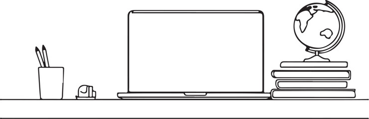 Simple Black and White Desk Illustration with Laptop, Globe, and Books
