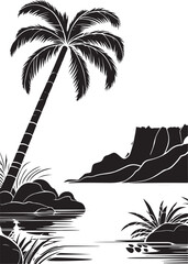 Black and white tropical island scene, palm tree silhouette illustration