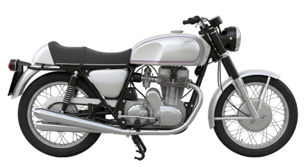 Classic silver motorcycle, side view, detailed design.