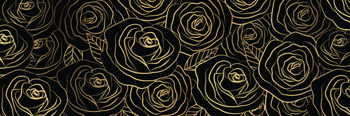 Vector pattern. Golden outline rose flowers on black background. Floral illustration. Luxury design concept for fabric design, textile print, wrapping paper or web backgrounds