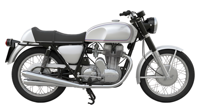 Classic silver motorcycle, side view, detailed design.