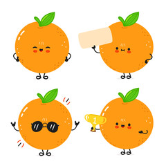 Cute cartoon Oranges displaying various emotions, including holding a sign and a trophy.