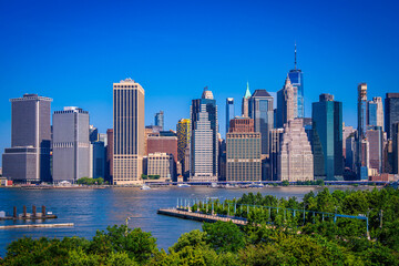 New York City skyline and harbor featuring Lower Manhattan and the Financial District, viewed from Brooklyn Heights Promenade, NY, USA