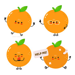 Four adorable cartoon oranges showcasing different emotions with vibrant expressions.