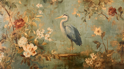 Elegant heron standing among vintage floral patterns on a weathered green background, evoking a classic, antique mural style.

