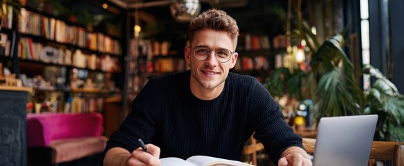 The man studying in a cozy coffee shop surrounded by books and plants.