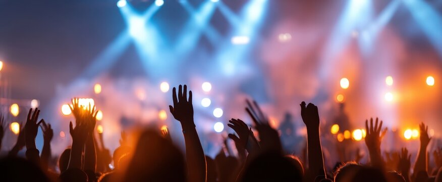 The vibrant crowd with hands raised at a lively concert event