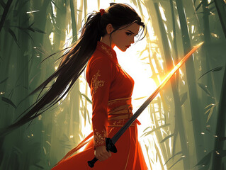 A young woman in a red suit with katana practicing traditional Chinese martial arts
