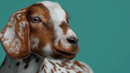 Healthy Brown and White Goat Against Mint Green Background