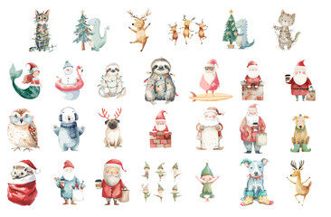 Whimsical Christmas-themed animals and characters in festive attire  