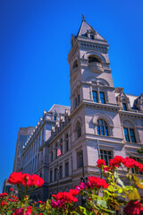 Landmark architecture of Federal Judiciary buildings and tower overlooking the garden in Brooklyn, New York, USA