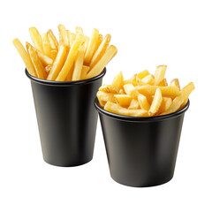 Two black cups filled with golden french fries presented together isolated on transparent background