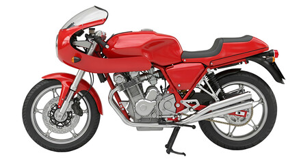 Red vintage motorcycle, side profile, isolated on white background.