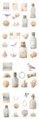Vintage seaside elements including shells, bottles, and postcards  