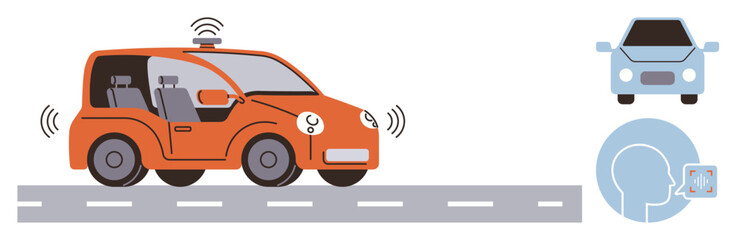 Self-driving orange car equipped with sensors and wireless systems on road. Includes frontal car view and AI-driven face recognition concept. Ideal for innovation, transportation, technology