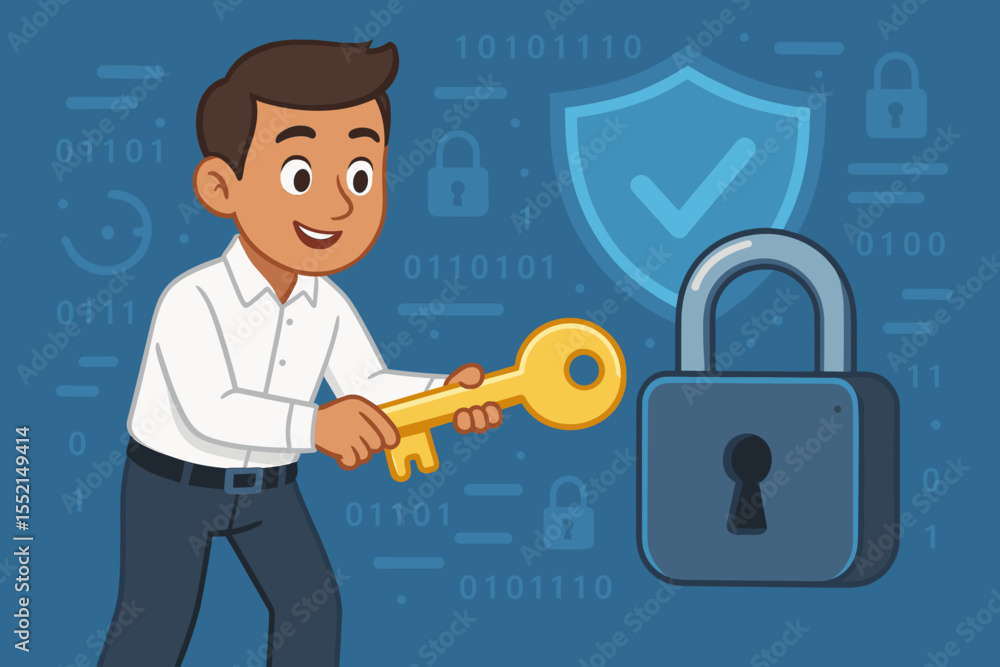 Poster data security and access control concept. man with a key unlocks a padlock for cybersecurity and dig