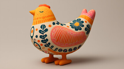 Colorful ceramic chicken figurine with floral and folk art patterns, featuring a charming handmade aesthetic.

