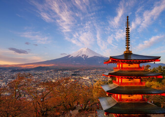 Mount Fuji and Temple at sunrise
