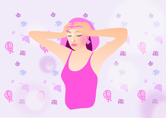 Young girl doing facial muscle fitness, facial massage, home wellness, in pink pastel colors